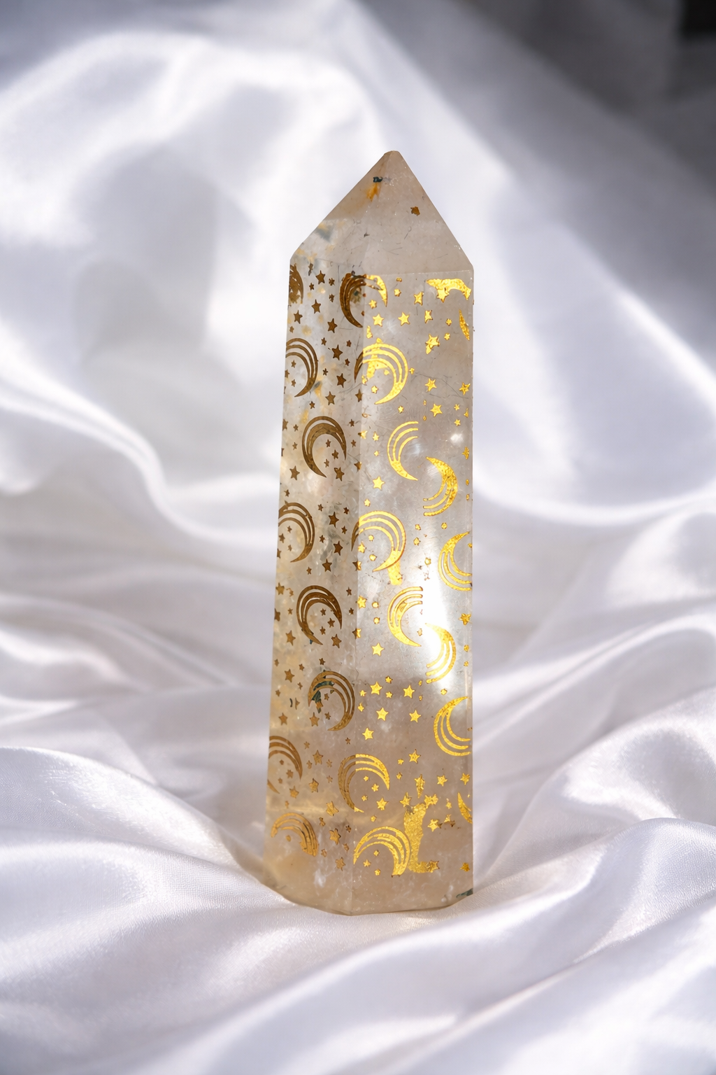 Clear quartz moon and star engraving